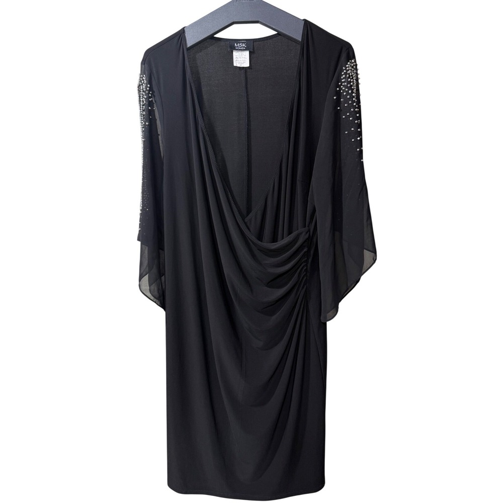 MSK Women 2X Black Cocktail Dress Sheer Embellished Flutter Sleeve Faux Wrap LBD - Picture 2 of 9